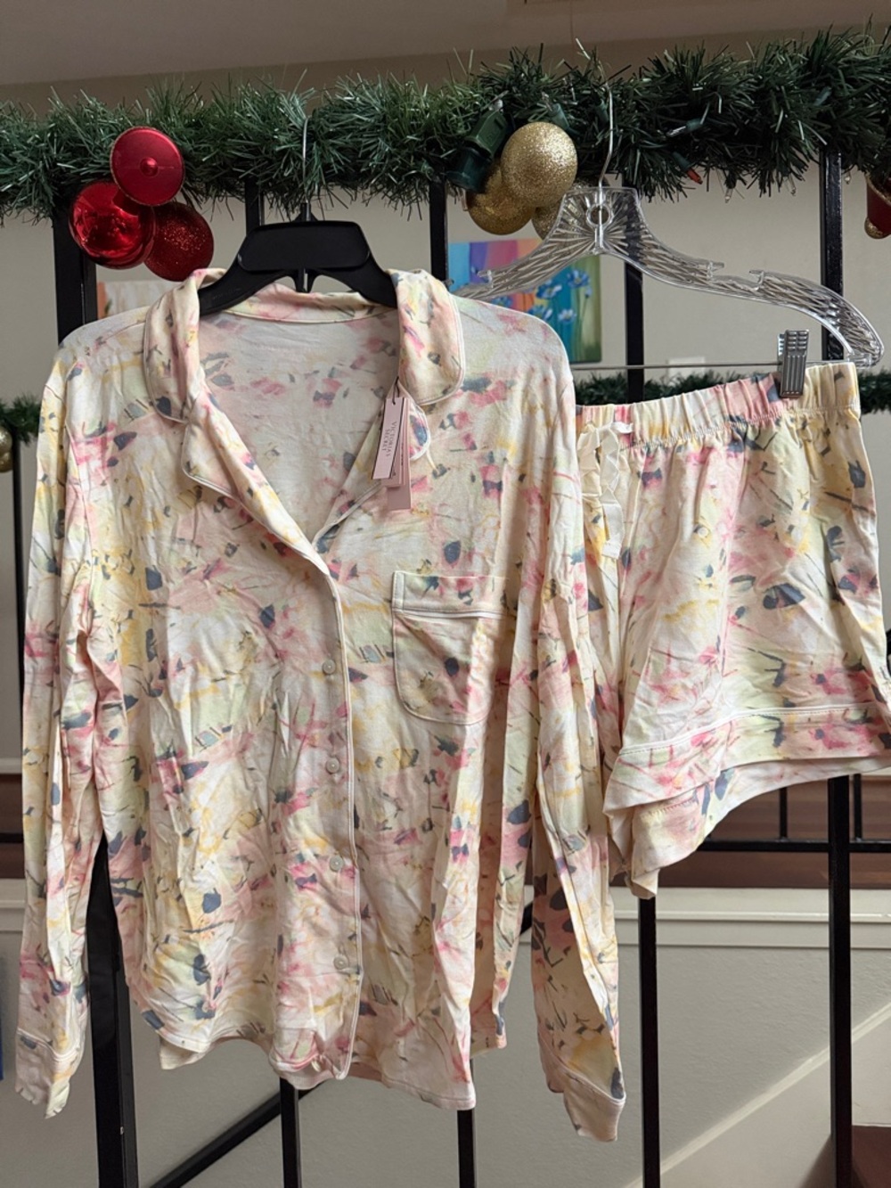Women's Lightweight Floral Print Pajama Set - Cream Pink